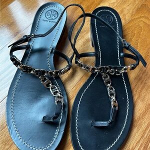 Tory Burch Black Sandals with Metallic Chain